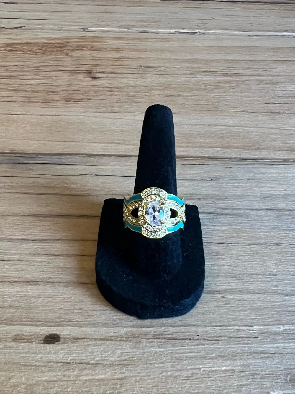 Gold-Tone Clear Oval Stone Center  Turquoise Accents Triple Band Ring Size 7